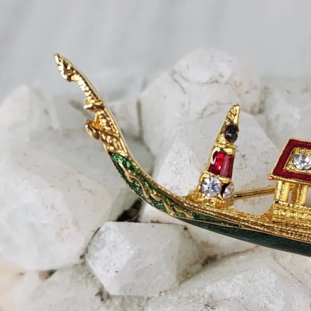 Siam Thai Royal Barge Brooch Suphannahong Green Enamel Gold Tone Lapel Pin 2.5”